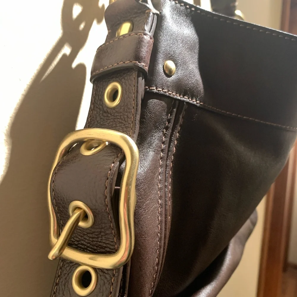Coach Chocolate Leather Shoulder Bag with Gold Accents - Picture 9 of 12